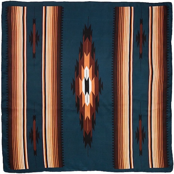 Wyoming Traders Wild Rag Aztec Print Teal / Tan 100% Silk Scarf - 20" - Picture 1 of 2